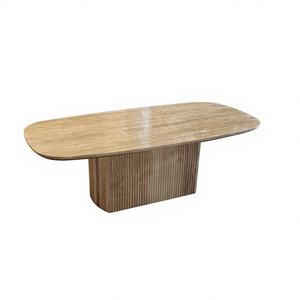 Table basse scandinave NORDICA à nervures avec plateau en marbre et base en bois, design ovale moderne, décorative, faite à la main, plateau relevable - Product Image 1