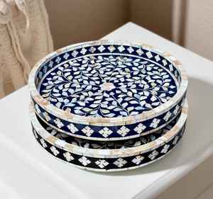 Plateaux ronds élégants en bois faits à la main avec incrustations de os pour la restauration, la maison, l'hôtel, le restaurant, les mariages, les fêtes, le service de table - Product Image 1