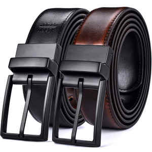 Ceinture décontractée pour homme en cuir de vachette véritable 3,2 cm réversible en cognac et noir avec boucle en cuivre rotative - Product Image 1