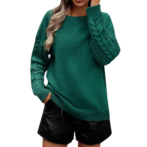 Women's Green Knitted Long Sleeve O-Neck <b>Cardigan</b> <b>Sweater</b> Casual Autumn Wear Full Sleeve Solid Color Anti-Pilling Design - Product Image 1