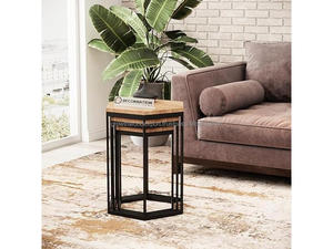 Juego de mesas de centro redondas modernas Tyria de madera de mango con patas de metal, muebles de sala de estar de 3 niveles - Product Image 5