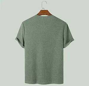 STELLAR Men's <b>Green</b> Cotton Waffle Knit Short Sleeve O Neck Regular Fit Breathable Eco-Friendly Anti-Pilling Casual <b>T</b>-<b>Shirt</b> - Product Image 3