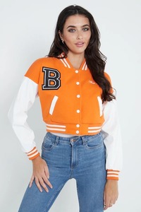 Brown Varsity <b>Jacket</b> With White Sleeves Embroidered Logo Button Closure Short Length Autumn Wear - Product Image 4