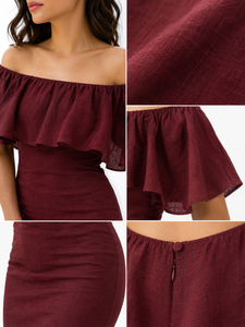 Vestido Mini Sin Mangas con Hombros Descubiertos en Lino y Algodón Color Borgoña |   Conjunto de Ropa Informal de Diseño Moderno y Sencillo para Mujer, para Fiestas en Todas las Estaciones - Product Image 5