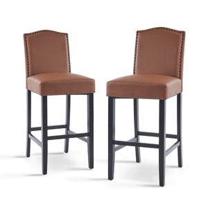 Set of <b>2</b> Counter Height <b>Bar</b> <b>Stools</b> PU Faux Leather Seating Brown Rubberwood Legs 300 for Kitchen Island Upholstered <b>Bar</b> <b>Stools</b> - Product Image 4