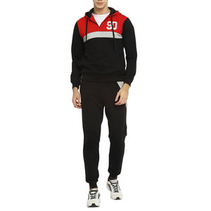 Men's Hooded Tracksuit <b>Set</b> Black Red Color Blocking Full Sleeve Casual Sweatshirt And Pants With Drawstring Closure - Product Image 1