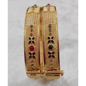 Elegant Stone Floral Pattern Gold Finish Metal Craft Bangles <b>Set</b> Designer Traditional <b>Bracelet</b> Jewelry for Women - Product Image 2