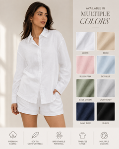 Hot Selling Elegant Women's White Cotton Bohemian Solid for Set Long Sleeve Shirt Matching Shorts Casual <b>Two</b> <b>Piece</b> Sleepwear - Product Image 3