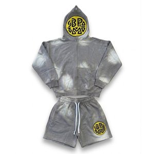 Conjunto de Sudadera con Capucha y Pantalones Cortos para Hombre, Estilo Tie Dye Gris, Ropa Deportiva Personalizada, Traje Casual para Correr, OEM ODM, Moda Masculina - Product Image 1