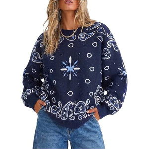 Pull-over en maille jacquard unisexe bleu marine vintage à motif bandana, coupe ample, col rond, style streetwear, OEM - Product Image 1