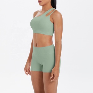 Custom 2026 Seamless One-Shoulder <b>Crop</b> <b>Top</b> High Waist Shorts 2 Piece Yoga Set Asymmetric Solid Green Activewear - Product Image 6