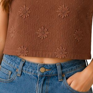 <b>Brown</b> Floral Embroidered Crop Tank Top Women Sleeveless Cotton Summer <b>Vest</b> Custom Logo Casual Fashion Streetwear Short Top Wear - Product Image 6