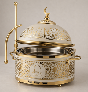 Calentador de Comida Tipo Buffet de Acero Inoxidable con Acabado en Oro Blanco de Lujo, Recipiente Redondo para Calentar Alimentos para Hoteles y Servicios de Catering - Product Image 1