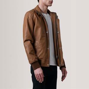 Blouson Bomber Homme en Cuir Véritable Col Montant Fermeture Éclair Décontracté Automne Coupe Slim Couleur Unie Coupe-Vent - Product Image 2