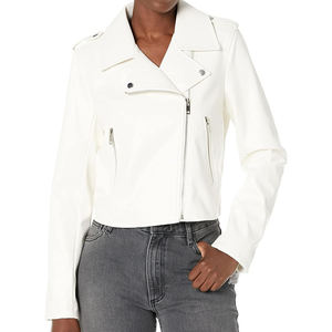 Chaqueta de Motociclista de Cuero Sintético PU Blanca para Mujer, Manga Larga, Cuello Alto, Cierre de Cremallera, Corta, Color Sólido, Estilo Biker, para Otoño - Product Image 3