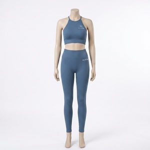 Women Blue Ribbed Halter <b>Crop</b> Sports Bra High Waist <b>Leggings</b> Yoga Set Gym Fitness Workout Activewear Set - Product Image 3
