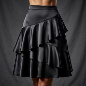 Wholesale Women's <b>Skirts</b> High Waist Asymmetrical <b>Ruffle</b> Satin <b>Skirt</b> Knee-Length Elegant Solid Black 100% Polyester - Product Image 1