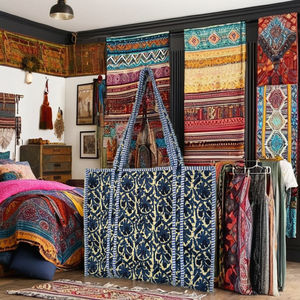 Sac fourre-tout d'été 100 % coton pur style bohème pour femme avec fermeture éclair, motif indien matelassé, design spacieux - Product Image 3