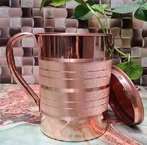 Polished Copper Water Jug with Lid Cylindrical Body Horizontal Etched Lines Traditional Handcrafted <b>Drinkware</b> - Product Image 1