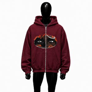 Sudadera con capucha extragrande para hombre, color granate, con estampado gráfico de anime y ojos, estilo streetwear unisex con cremallera completa - Product Image 1