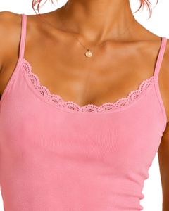 Custom Pink Women Lace Trim Ribbed <b>Cami</b> Tank <b>Top</b> Spaghetti Strap Sleeveless Cotton Slim Fit Casual Summer <b>Crop</b> Vest Fashion Wear - Product Image 5