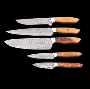 Steel Craft International Hand Forged 5-Piece Damascus Steel Chef <b>Knife</b> <b>Set</b> Wooden Handles <b>Sharp</b> Blades Ambidextrous - Product Image 2