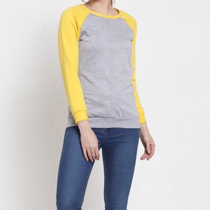 Sweat-shirt à manches longues et col rond pour femme, gris et jaune, en tricot décontracté, mélange de coton, pour l'automne - Product Image 1