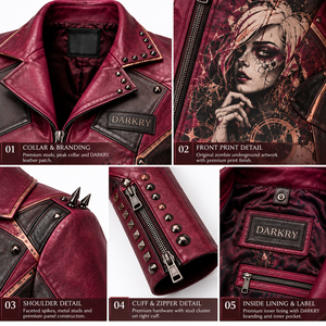 Burgundy <b>Black</b> <b>Women</b> Genuine Leather Biker Jacket Custom Chess Graphic Print Studded Revers Peak Lapel Outerwear Supplier - Product Image 6