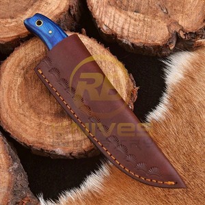 Cuchillo de Caza de Hoja Fija de Acero de Damasco, Punta Caída, Mango Azul con Incrustaciones de Turquesa, Funda de Cuero X-1307 - Product Image 4