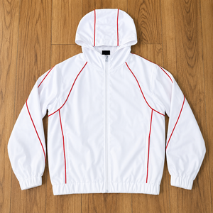 Custom Premium <b>White</b> Hooded Windbreaker <b>Jacket</b> <b>Men</b> Lightweight Full Zip Performance Outerwear Red Piping Professional Winter - Product Image 1