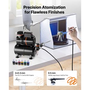 Kit aérographe professionnel 1/6 HP avec compresseur d'air, réservoir, 3 aérographes double action, 3 embouts et tuyau pour applications acryliques et automobiles - Product Image 2