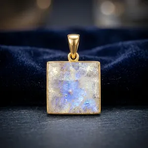 Collier pendentif carré en pierres précieuses HA, plaqué or, fait main, style bohème, cadeau de mariage pour elle, pierre de lune arc-en-ciel naturelle - Product Image 2