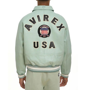 Chaqueta Bomber de PU Verde Claro para Hombre Avirex con Parche Bordado, Cuello Camisero, Cierre de Cremallera, Ropa Casual de Otoño, Precios Bajos - Product Image 2