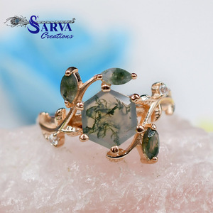 Women's Rose Gold Plated 925 Silver <b>Moss</b> <b>Agate</b> Hexagon Cut Vintage Plant Design Wedding <b>Ring</b> for Party - Product Image 6