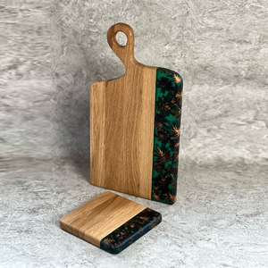 This Stunning Wooden Chopping Board Duo Features Vivid Green Resin Inlays Packed With Artistic <b>Pinecones</b> For Cutting Vegies - Product Image 2