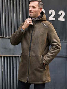 Veste en cuir suédé marron pour homme avec doublure en fausse fourrure, fermeture éclair à capuche, coupe longue décontractée, coupe-vent pour l'hiver - Product Image 3