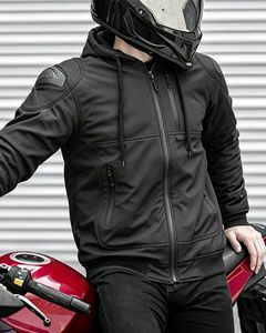 Chaqueta con Capucha de Motociclista Negra para Hombre con Protección en los Hombros - Product Image 2