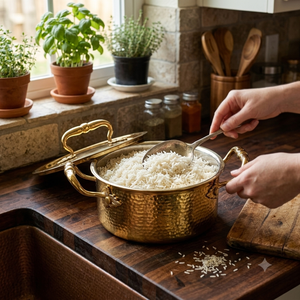 Cacerola de latón con acabado dorado martillado de lujo, con asas y pomo decorativos con forma de hoja, utensilio de cocina para servir en bodas y eventos. - Product Image 4