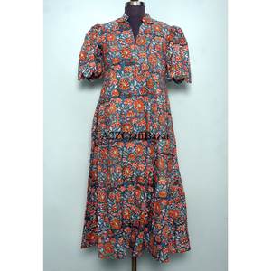 Vestido Midi de Algodón Indio con Estampado a Mano, Cuello en V, para Mujer, Estilo Informal, Manga Corta, Silueta Recta, para Vacaciones de Verano en la Playa - Product Image 2