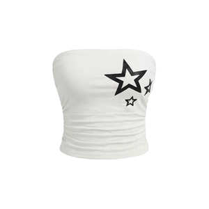 White Strapless <b>Tank</b> <b>Top</b> With <b>Black</b> Star Print Ruched Front Casual <b>Women's</b> Knitted <b>Top</b> - Product Image 1