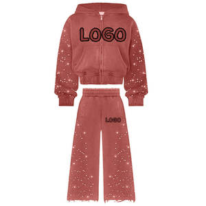 Women's Orange Rhinestone Hooded Tracksuit Full Sleeve Zipper Closure Casual Sweatshirt and Pants Set Loose Fit Autumn Wear - Product Image 2