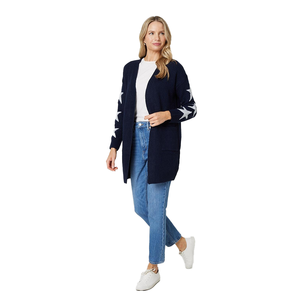 Cárdigan Largo de Punto para Mujer, Azul Marino con Diseño de Estrellas, Cuello en V, Manga Larga, Estilo Casual para Otoño - Product Image 1