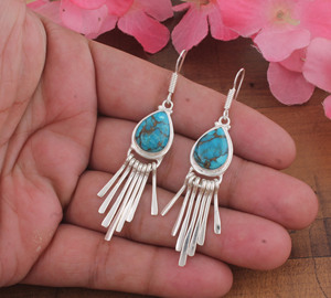 Blue Lace Agate 925 <b>Sterling</b> <b>Silver</b> Vintage Gold Plated Teardrop Fringe Dangle Earrings Tassel Gemstone Anniversary Party - Product Image 1