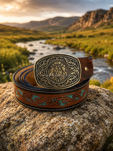 Ceinture Western en cuir véritable artisanale avec boucle en argent gravée |   Ceinture en cuir de vachette vintage pour hommes et femmes - Product Image 2