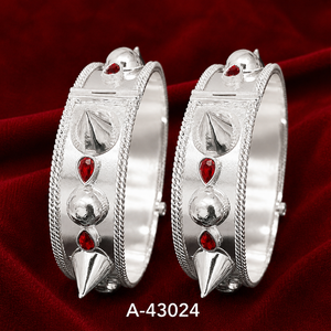 Women's Tibetan Silver Silver Plated Bangles with <b>Ruby</b> Inlay Flower Design Classic Ethnic Style A-43023 - Product Image 2