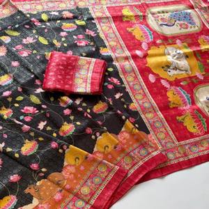 VASTRA COTTAGE Saree de Seda Suave con Jacquard Jari en Toda la Prenda y Estampado Digital Kalamkari, Saree de Diseño con Blusa con Ribete Doori - Product Image 3