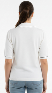 Solid Color Polo Shirt For Women Short Sleeve Slim Fit Knit Top With <b>Pants</b> Outfit Casual Wear Collar Neck Style Look - Product Image 3