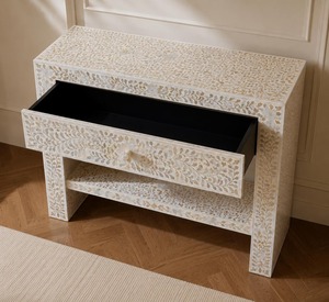 Table console artisanale écologique en nacre grise à motif de feuilles, avec un seul tiroir, design moderne, multifonctionnelle, décoration d'intérieur - Product Image 5
