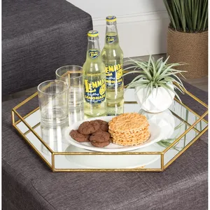 Luxury Hexagon <b>Gold</b> Metal <b>Mirror</b> Serving <b>Tray</b> Geometric Decorative Platter for Coffee Table Wedding and Home Decor - Product Image 6