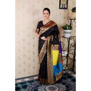 Sari en soie Banarasi noir et multicolore Elite Weaves avec pallu tissé Zari, vêtements indiens et pakistanais doux - Product Image 6